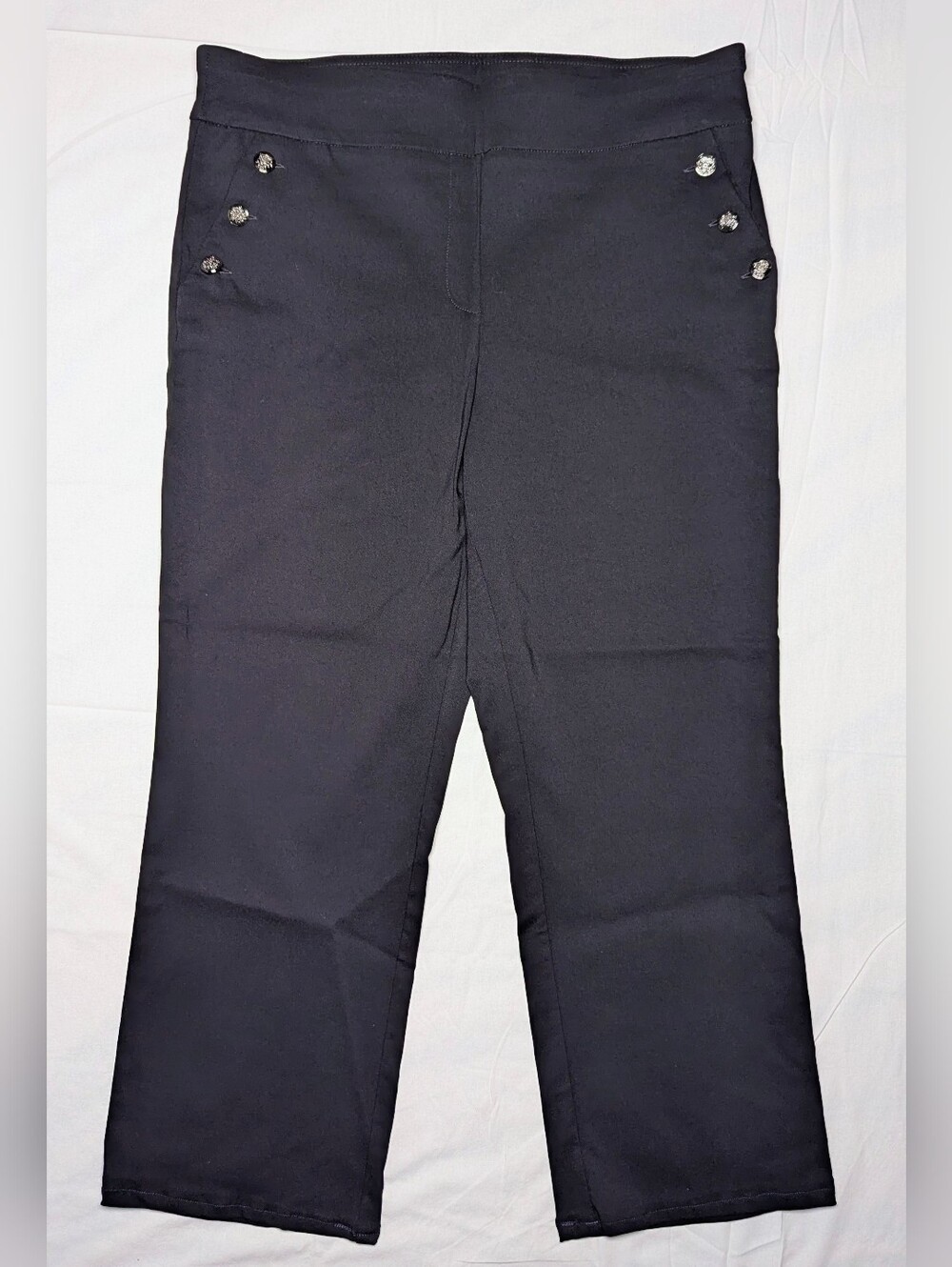 Roz & Ali Black Dress Pant Tummy Control Pull On Wide Leg Nautical Buttons